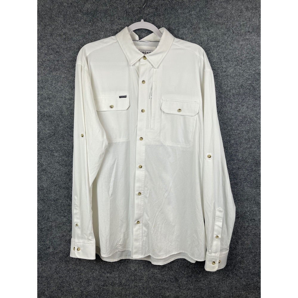 Poncho Button Down Shirt Mens XL White Excellent Slim Fit Magnetic Pockets